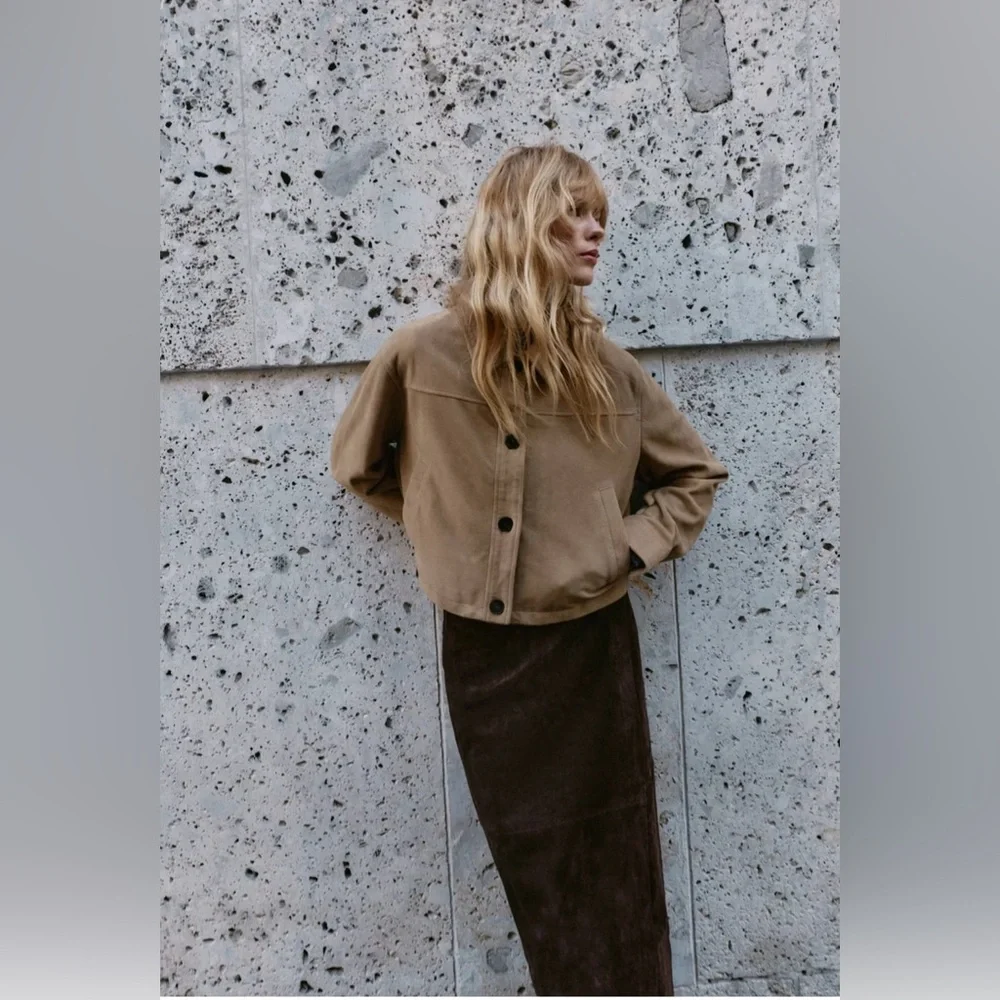 Zara New 100% Leather Suede Collar Jacket Beige NWT - Picture 6 of 14